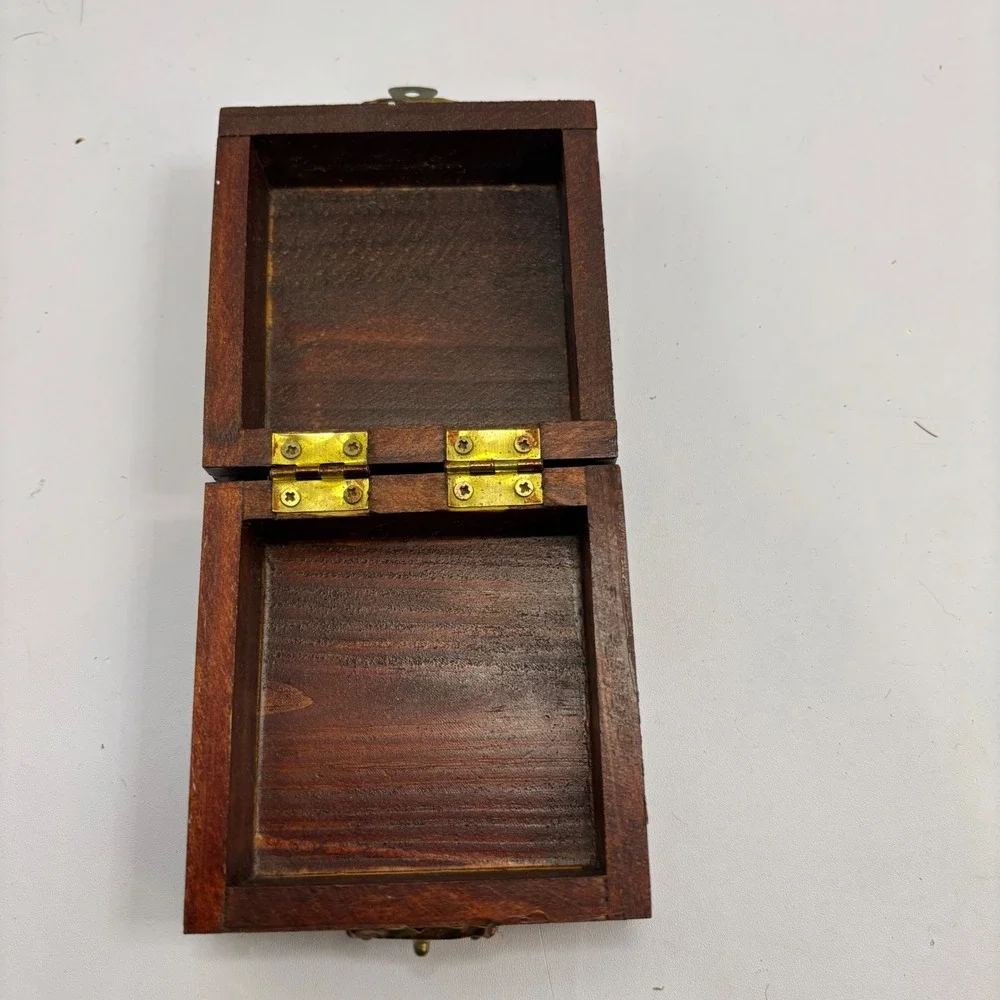 Small Vintage Wooden Trinket Box Dark Brown Beveled Lid Jewelry Keepsake Chest